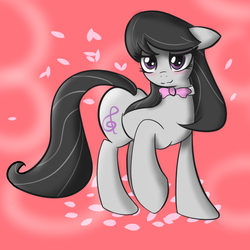 Size: 600x600 | Tagged: safe, artist:heartstrunghooves, octavia melody, earth pony, pony, g4, abstract background, blushing, female, mare, necktie, raised hoof, smiling, solo