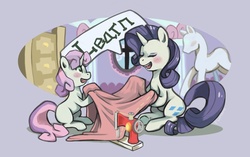 Size: 1050x658 | Tagged: safe, artist:purplelemons, rarity, sweetie belle, pony, unicorn, g4, blushing, duo, eyes closed, female, filly, foal, mare, open mouth, sewing, sisters, sitting