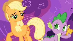 Size: 964x543 | Tagged: safe, screencap, applejack, spike, dragon, earth pony, pony, g4, my little pony: friendship is magic, the ticket master, duo, female, gala ticket, male, mare, raised hoof, smug, ticket