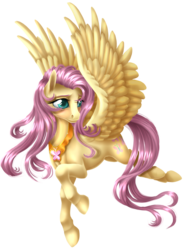 Size: 1190x1615 | Tagged: safe, artist:kittehkatbar, fluttershy, pegasus, pony, g4, element of kindness, female, flying, hoers, mare, semi-realistic, simple background, solo, spread wings, transparent background