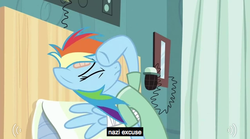 Size: 637x354 | Tagged: safe, screencap, rainbow dash, pegasus, pony, g4, read it and weep, bed, eyes closed, facehoof, female, hospital, hospital bed, hospital gown, implied nazi, youtube caption