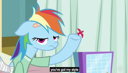 Size: 630x357 | Tagged: safe, screencap, rainbow dash, pegasus, pony, g4, read it and weep, battleship, bed, dexterous hooves, female, hospital, hospital bed, hospital gown, solo, youtube caption