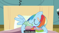 Size: 636x353 | Tagged: safe, screencap, rainbow dash, pegasus, pony, g4, read it and weep, bed, eating, female, hospital, hospital bed, hospital gown, messy eating, solo, tongue out, vegetables, youtube caption