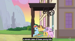 Size: 637x349 | Tagged: safe, screencap, doctor horse, doctor stable, nurse sweetheart, rainbow dash, earth pony, pegasus, pony, unicorn, g4, read it and weep, female, male, mare, stallion, youtube caption