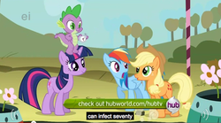 Size: 637x354 | Tagged: safe, edit, edited screencap, screencap, applejack, rainbow dash, spike, twilight sparkle, dragon, earth pony, pegasus, pony, unicorn, g4, caption, dragons riding ponies, female, male, mare, riding, youtube caption