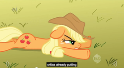 Size: 638x353 | Tagged: safe, screencap, applejack, earth pony, pony, fall weather friends, g4, applejack's hat, cowboy hat, hat, hub logo, logo, on ground, solo, the hub, youtube caption