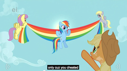 Size: 634x353 | Tagged: safe, screencap, derpy hooves, parasol, rainbow dash, pegasus, pony, fall weather friends, g4, female, mare, youtube caption