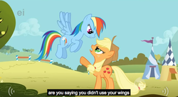 Size: 634x348 | Tagged: safe, screencap, applejack, rainbow dash, g4, youtube caption