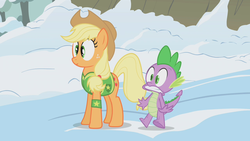 Size: 1280x720 | Tagged: safe, screencap, applejack, spike, dragon, earth pony, pony, g4, winter wrap up, baby, baby dragon, clothes, duo, female, male, snow, surprised, winter outfit