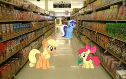 Size: 672x422 | Tagged: safe, artist:dontae98, apple bloom, applejack, minuette, earth pony, pony, g4, apple jacks, cereal, female, filly, foal, irl, mare, namesake, photo, ponies in real life, pun, store, supermarket, vector, visual pun