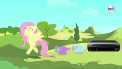 Size: 640x360 | Tagged: safe, edit, edited screencap, screencap, fluttershy, sheep, g4, season 3, the crystal empire, bipedal, ewe, eyes closed, hub logo, hubble, prancing, pun, the ballad of the crystal empire, tiny ewes, wii u