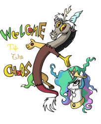 Size: 500x614 | Tagged: safe, artist:quarium, discord, princess celestia, g4, chaos, frizzled, mane, simple background, transparent background