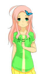 Size: 452x750 | Tagged: dead source, safe, artist:derpiihooves, fluttershy, human, g4, faith summers, female, humanized, japanese, simple background, solo, starswirl academy, transparent background, visual novel