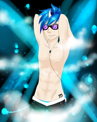Size: 1200x1500 | Tagged: safe, artist:yahijustlovedragons, dj pon-3, vinyl scratch, human, g4, armpits, clothes, duo, horn, horned humanization, humanized, record scrape, rule 63, sunglasses, topless