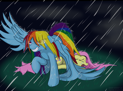 Size: 5000x3715 | Tagged: safe, artist:alaxandir, fluttershy, rainbow dash, g4, crying, protecting, rain, wet mane