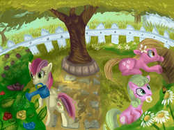 Size: 1400x1050 | Tagged: safe, artist:php154, daisy, flower wishes, lily, lily valley, roseluck, butterfly, earth pony, pony, g4, bipedal, female, flower, flower trio, garden, gardening, mare, tree, trio, trio female, watering can