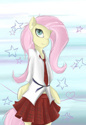 Size: 1029x1494 | Tagged: safe, artist:insanitylittlered, fluttershy, anthro, g4, clothes, duo, schoolgirl