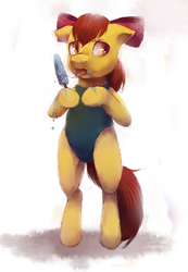 Size: 621x900 | Tagged: safe, artist:crookedtrees, apple bloom, earth pony, pony, bipedal, blue swimsuit, clothes, female, food, ice cream, licking, one-piece swimsuit, popsicle, sea salt ice cream, semi-realistic, solo, swimsuit