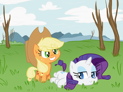 Size: 1400x1050 | Tagged: safe, artist:tess, applejack, rarity, earth pony, pony, unicorn, g4, chibi, cute, female, freckles, grass, jackabetes, lesbian, mare, raribetes, ship:rarijack, shipping