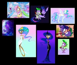 Size: 972x822 | Tagged: safe, artist:neitling, fluttershy, princess celestia, princess luna, spike, twilight sparkle, g4, clothes, dark skin, dress, humanized