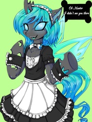 Size: 1200x1600 | Tagged: dead source, safe, artist:rainbowscreen, oc, oc only, oc:jewel, changeling, changeling queen, semi-anthro, arm hooves, blue changeling, changeling oc, changeling queen oc, choker, clothes, dialogue, female, green background, lime background, maid, maid headdress, simple background, solo