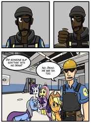 Size: 1165x1571 | Tagged: safe, artist:crossing-hills, applejack, fluttershy, pinkie pie, rarity, trixie, twilight sparkle, earth pony, human, pegasus, pony, unicorn, g4, comic, confused, crossover, demoman, demoman (tf2), engineer, engineer (tf2), fanfic, heavy weapons guy, looking at each other, speech bubble, team fortress 2, teamwork is magic