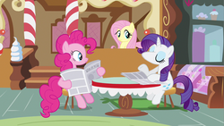 Size: 1280x720 | Tagged: safe, artist:capnpea, edit, edited screencap, screencap, fluttershy, pinkie pie, rarity, pony, g4, ponyville confidential, fimbriae, newspaper, wat