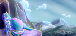 Size: 6000x2857 | Tagged: safe, artist:darkflame75, princess celestia, alicorn, pony, g4, balcony, female, mare, scenery, solo