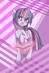 Size: 1260x1874 | Tagged: safe, artist:sorenbrian, twilight sparkle, pony, unicorn, g4, abstract background, book, female, magic, mare, raised hoof, smiling, solo