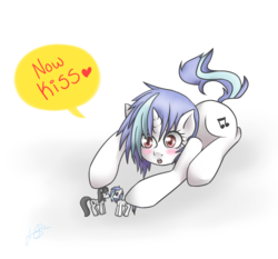 Size: 1656x1542 | Tagged: safe, artist:sorenbrian, dj pon-3, octavia melody, vinyl scratch, pony, unicorn, g4, blushing, female, lying down, mare, now kiss, prone, simple background, toy, transparent background