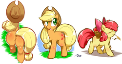 Size: 1280x676 | Tagged: safe, artist:0r0ch1, apple bloom, applejack, earth pony, pony, g4, applebutt, blushing, butt, duo, eyes closed, female, filly, foal, mare, mouth hold, music notes, open mouth, plot, smiling, straw in mouth, walking, wheat