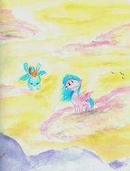 Size: 736x970 | Tagged: safe, artist:iiya, artist:iiyalovestobite, firefly, rainbow dash, g1, g4, cloud, cloudy, filly, traditional art