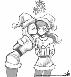 Size: 914x1000 | Tagged: safe, artist:johnjoseco, fluttershy, princess luna, human, g4, blushing, christmas, clothes, dress, female, grayscale, humanized, kissing, lesbian, monochrome, pantyhose, ship:lunashy, shipping