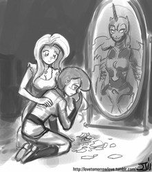 Size: 882x1000 | Tagged: safe, artist:johnjoseco, fluttershy, nightmare moon, princess luna, human, g4, cleavage, clothes, dress, female, grayscale, humanized, mirror, monochrome, warrior luna