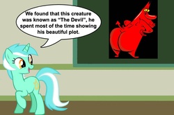 Size: 887x588 | Tagged: safe, lyra heartstrings, demon, devil, pony, unicorn, g4, ass, butt, chalkboard, cow and chicken, human studies101 with lyra, meme, the red guy, vector