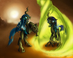 Size: 2560x2048 | Tagged: safe, artist:conicer, queen chrysalis, rarity, changeling, changeling queen, fanfic:the three sisters, g4, changelingified, crying, fanfic, fanfic art, female, high res, magic, rariling, sisters, species swap, story, transformation, wanderer d