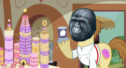 Size: 847x461 | Tagged: safe, edit, edited screencap, screencap, donut joe, gorilla, g4, mmmystery on the friendship express, baker coat, donut, food, friendship express, jimmies, train