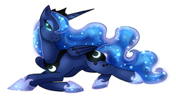 Size: 2520x1381 | Tagged: safe, artist:ladyduskfall, princess luna, alicorn, pony, g4, bedroom eyes, female, looking at you, mare, prone, simple background, solo