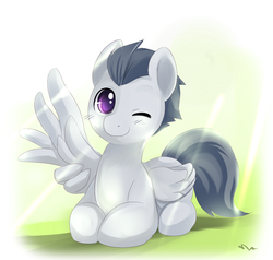 Size: 750x713 | Tagged: safe, artist:ende26, rumble, pegasus, pony, g4, colt, cute, male, one eye closed, prone, rumblebetes, solo, spread wings, waving, wink