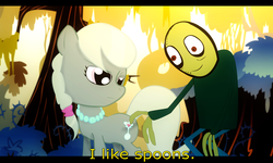 Size: 2592x1552 | Tagged: safe, artist:illu-mint, silver spoon, earth pony, pony, g4, crossover, female, filly, foal, salad fingers, spoon, tree