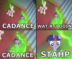 Size: 593x491 | Tagged: safe, queen chrysalis, twilight sparkle, changeling, g4, comic, disguise, disguised changeling, fake cadance, image macro, stahp