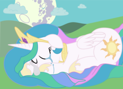 Size: 5000x3635 | Tagged: safe, artist:dash-o-salt, princess celestia, g4, crying, depressedia, description in comments, description is relevant, eyes closed, floppy ears, mare in the moon, moon, prone, sad