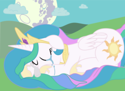 Size: 5000x3635 | Tagged: safe, artist:dash-o-salt, princess celestia, alicorn, pony, g4, crying, depressedia, description in comments, description is relevant, eyes closed, floppy ears, mare in the moon, moon, prone, sad