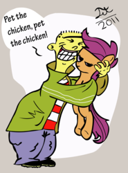 Size: 3682x4969 | Tagged: safe, artist:jetpackclam, scootaloo, g4, crossover, ed (ed edd n eddy), ed edd n eddy, hug, pet the chicken, petting, scootachicken, scootaloo is not amused, unamused