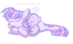 Size: 900x539 | Tagged: safe, artist:kiki-kit, spike, twilight sparkle, dragon, pony, unicorn, g4, baby, baby dragon, baby spike, blank flank, duo, eyes closed, female, filly, filly twilight sparkle, male, prone, simple background, sleeping, spikelove, transparent background, younger