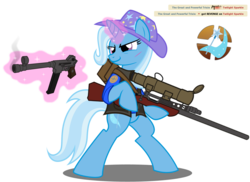 Size: 1650x1204 | Tagged: safe, artist:nikkikitty44, trixie, pony, unicorn, g4, female, gun, horn, magic, mare, simple background, sniper, sniper (tf2), solo, team fortress 2, telekinesis, transparent background, weapon