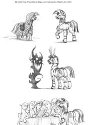 Size: 940x1280 | Tagged: safe, artist:baron engel, fluttershy, pinkie pie, rainbow dash, twilight sparkle, zecora, oc, zebra, g4, fanfic, grayscale, monochrome, pencil drawing, traditional art