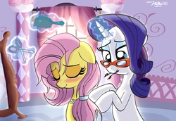 Size: 2904x1998 | Tagged: safe, artist:walliscolours, fluttershy, rarity, pegasus, pony, unicorn, g4, alternate hairstyle, brushie, duo, female, glasses, hair tie, lesbian, magic, makeover, mare, rarity's glasses, ship:flarity, shipping