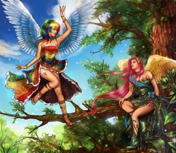 Size: 1200x1041 | Tagged: safe, artist:keelerleah, fluttershy, rainbow dash, human, g4, armpits, breasts, clothes, detailed, dress, elements of harmony, epic, female, gala dress, humanized, legs, technically advanced, tree, winged humanization