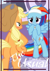 Size: 1741x2500 | Tagged: safe, artist:pyruvate, applejack, rainbow dash, earth pony, pegasus, pony, comic:the usual, g4, bipedal, blushing, butt, comic, cover, female, hilarious in hindsight, lesbian, plot, ship:appledash, shipping, spa pony rainbow dash